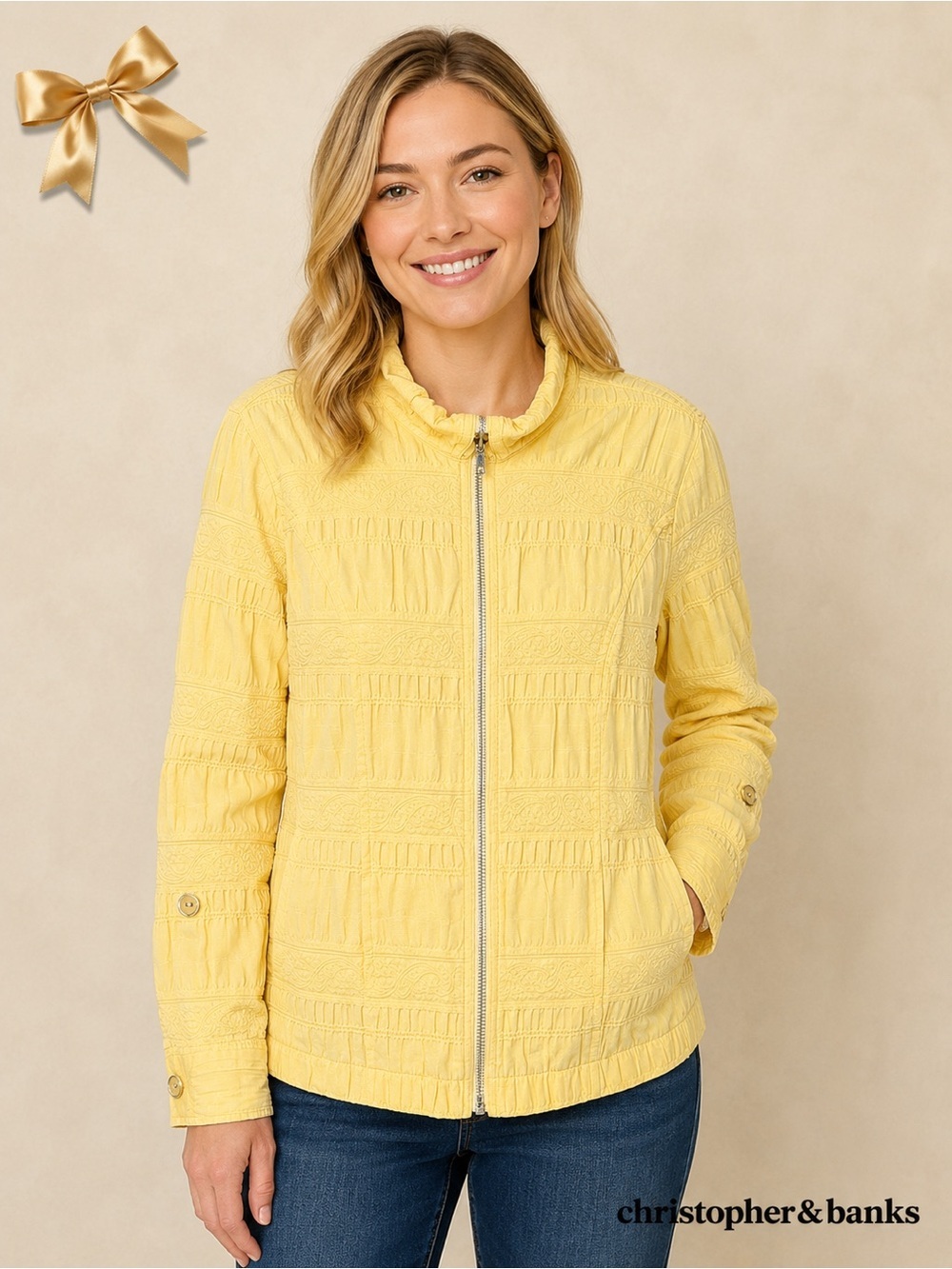 Christopher & Banks Textured Zip Jacket Yellow Medium